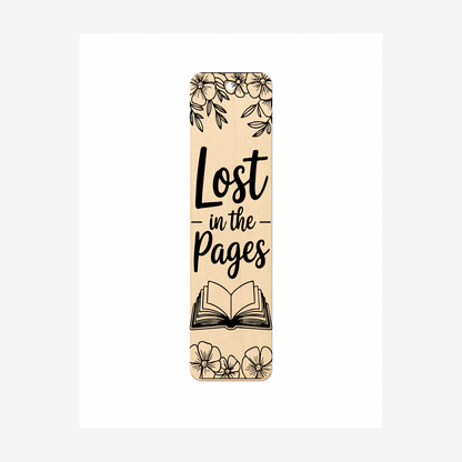 Lost in the Pages laser engraved wooden bookmark on a white background