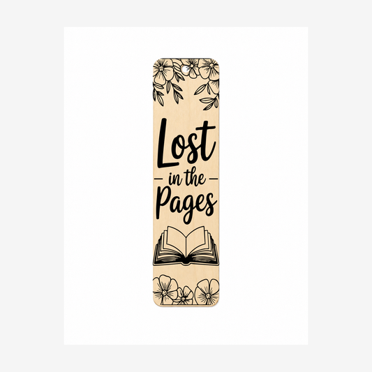 Lost in the Pages laser engraved wooden bookmark on a white background