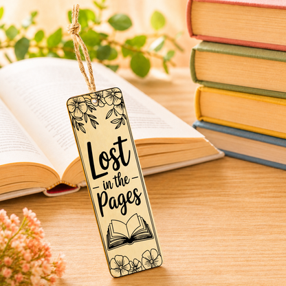 Lost in the Pages wooden bookmark displayed with a book