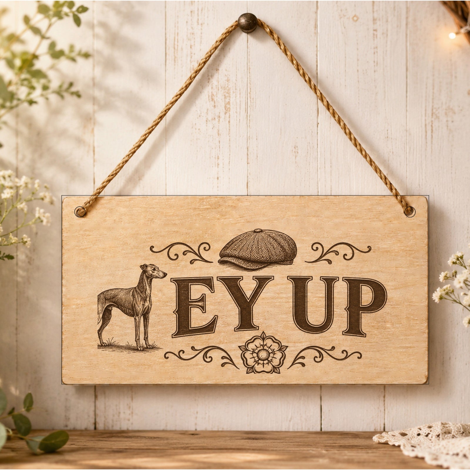 Ey Up Yorkshire wooden plaque displayed in a home setting