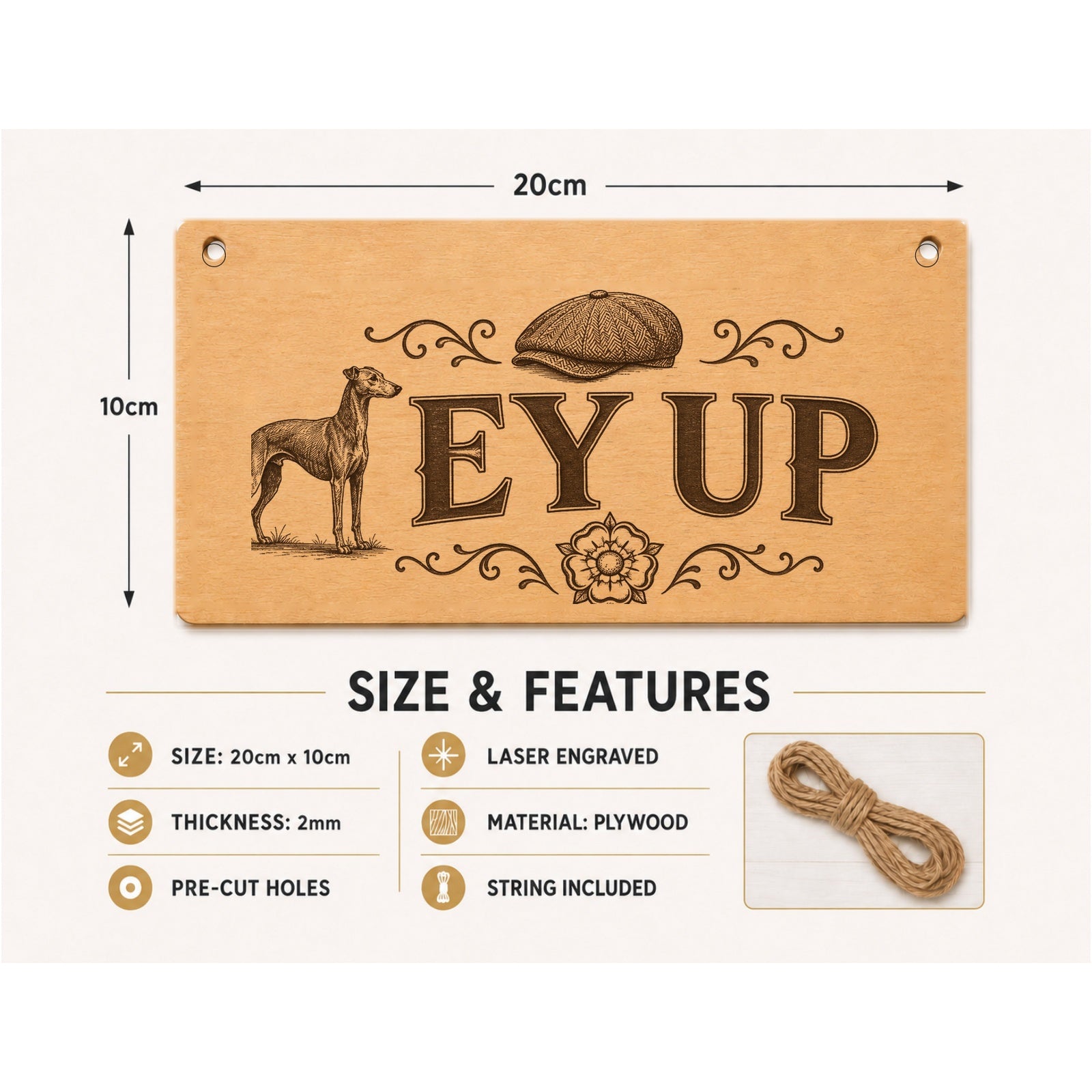 Ey Up plaque showing 20 x 10 cm size and product features