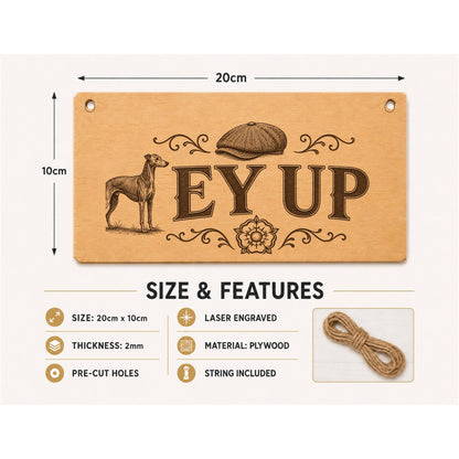 Ey Up plaque showing 20 x 10 cm size and product features