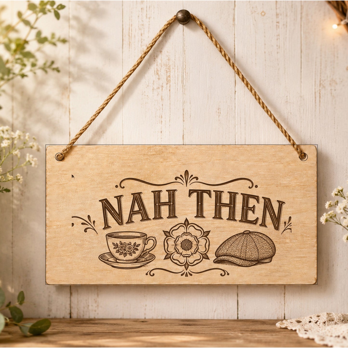 Nah Then Yorkshire wooden plaque displayed in a home setting