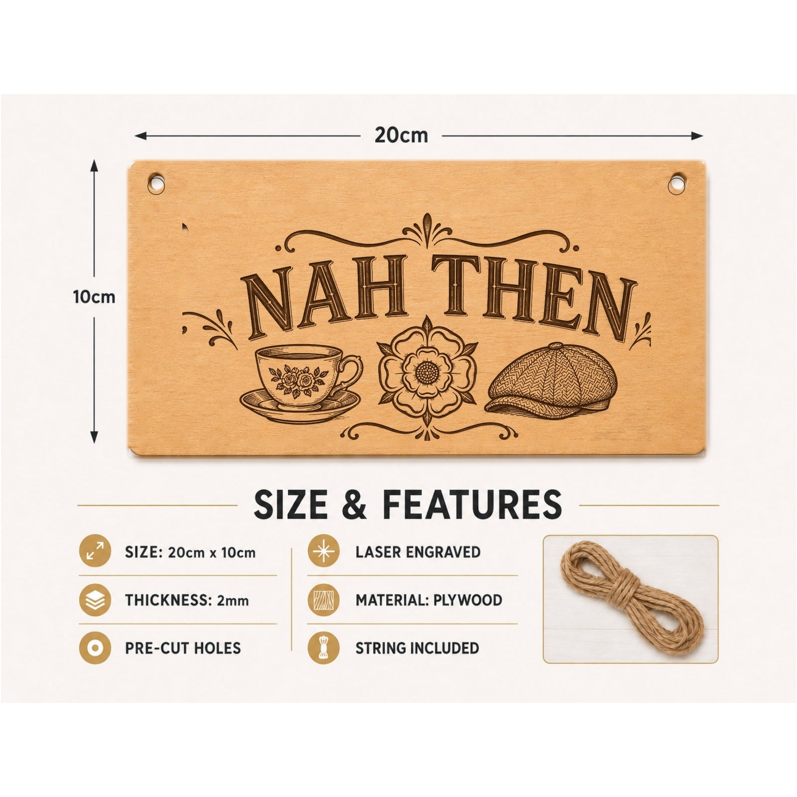 Nah Then plaque showing 20 x 10 cm size and product features