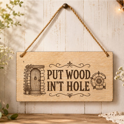 Put Wood In’t Hole Yorkshire plaque displayed by a doorway