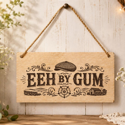 Eeh By Gum Yorkshire wooden plaque displayed in a home setting