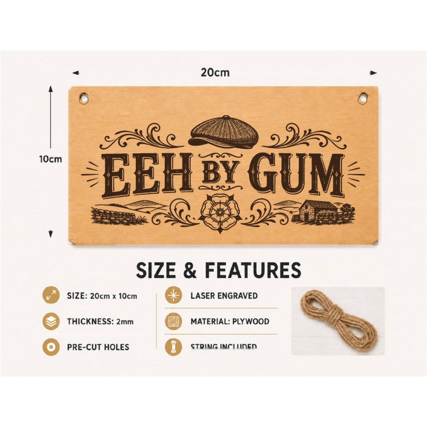 Eeh By Gum plaque showing 20 x 10 cm size and product features
