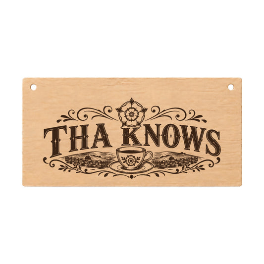 Tha Knows Yorkshire slang wooden plaque on a white background