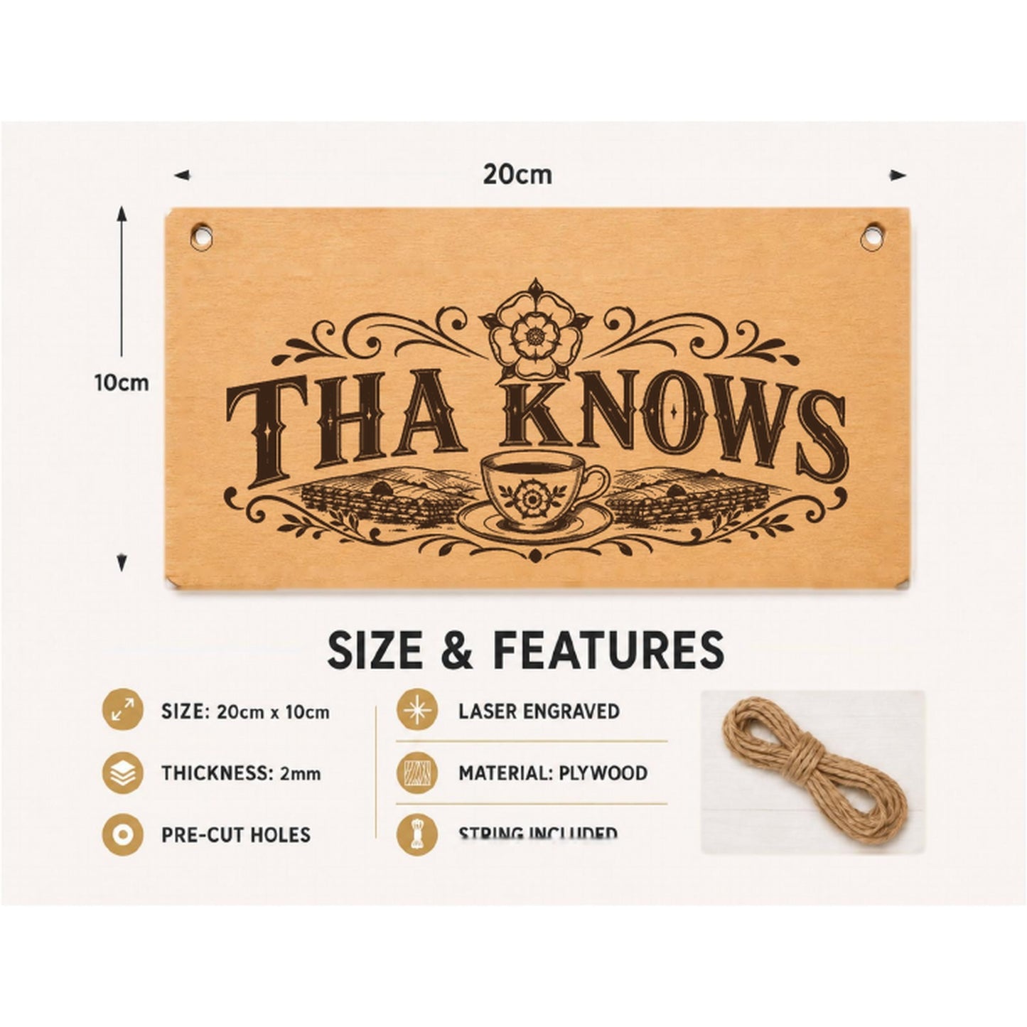 Tha Knows plaque showing 20 x 10 cm size and product features