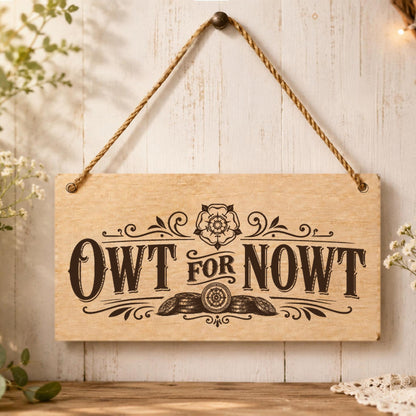 Owt for Nowt Yorkshire wooden plaque displayed in a home setting