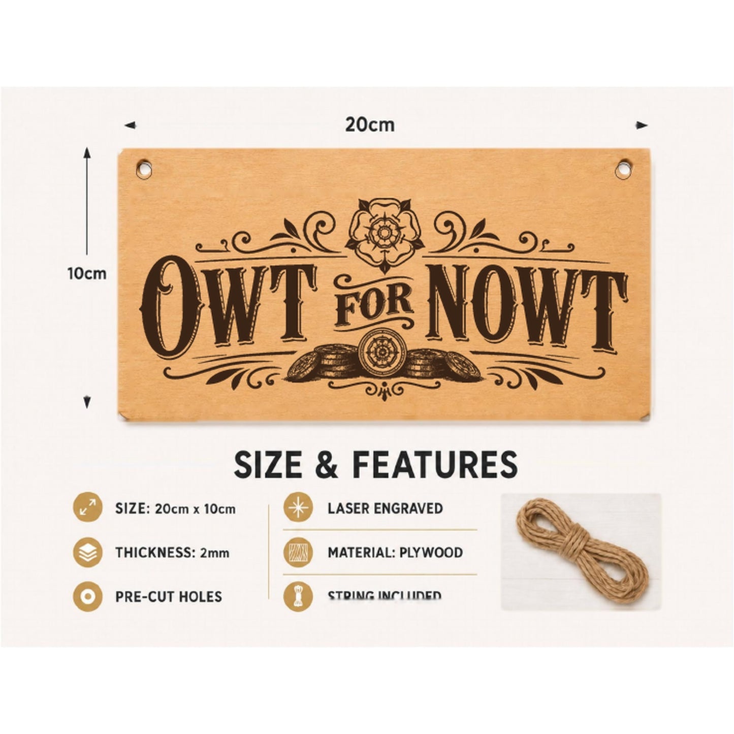 Owt for Nowt plaque showing 20 x 10 cm size and product features