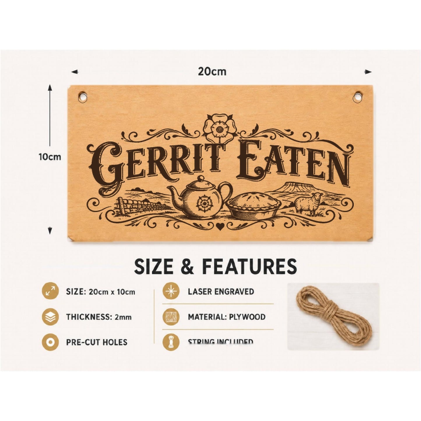 Gerrit Eaten plaque showing 20 x 10 cm size and product features