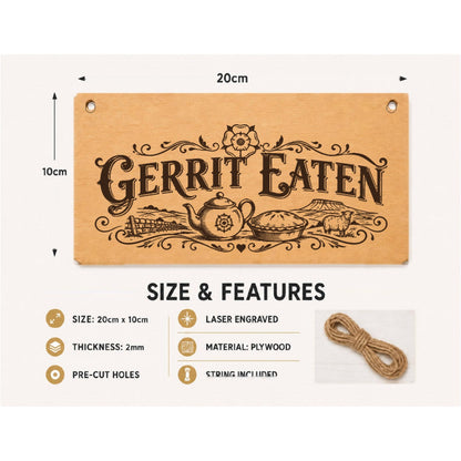 Gerrit Eaten plaque showing 20 x 10 cm size and product features