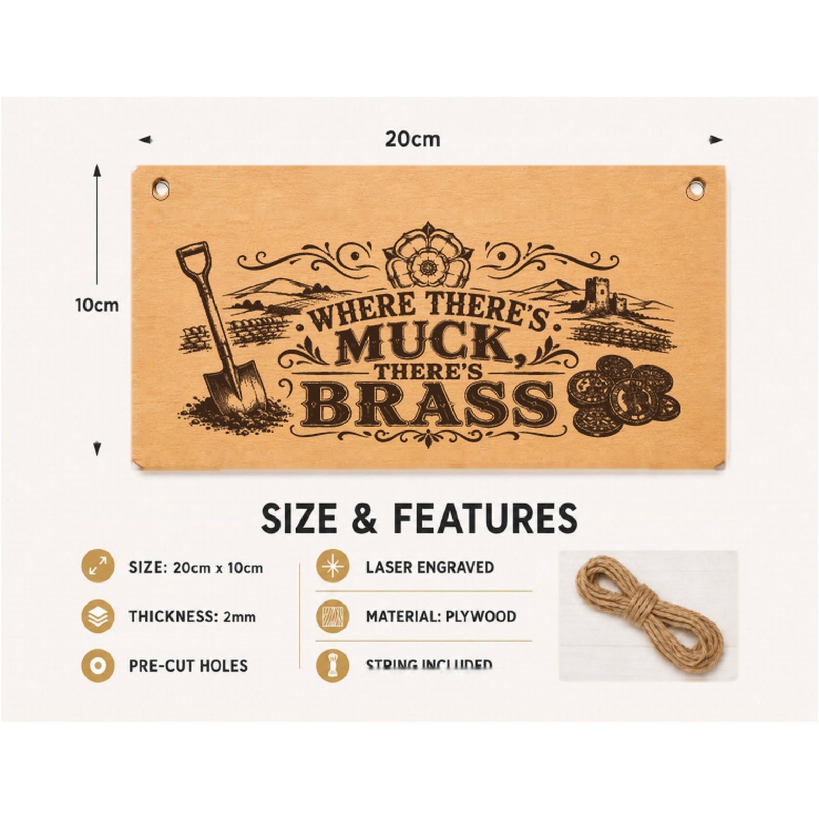Where There’s Muck There’s Brass plaque showing 20 x 10 cm size and product features