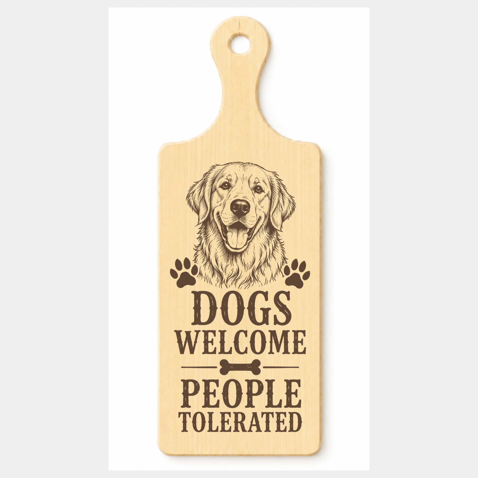 Dogs Welcome People Tolerated wooden paddle plaque on a white background