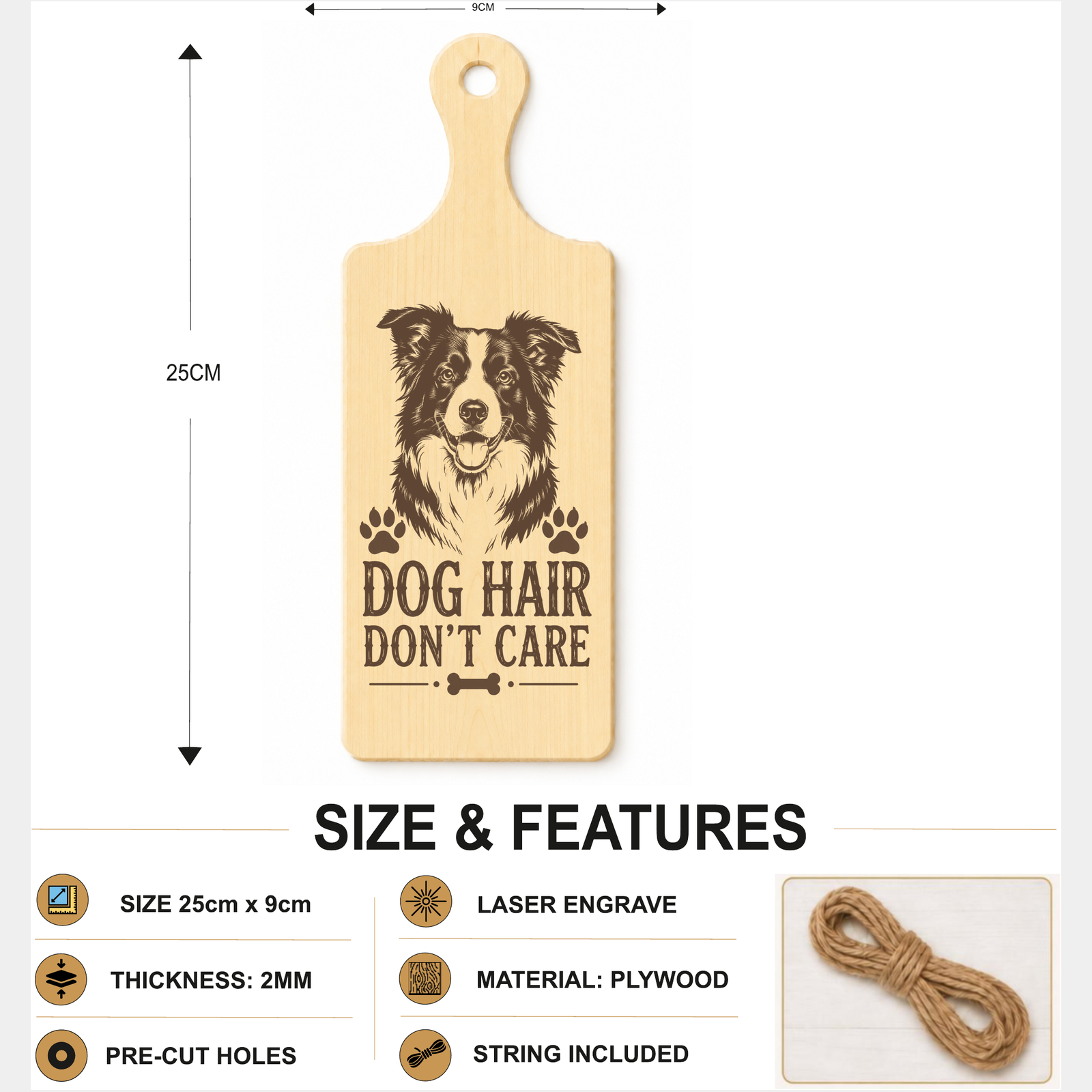 Dog Hair Don't Care plaque showing 24 x 9 cm size and product features