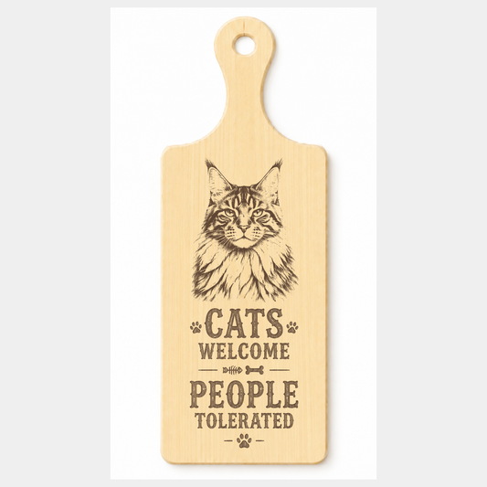 Cats Welcome People Tolerated wooden paddle plaque on a white background