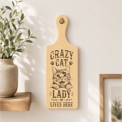 Crazy Cat Lady wooden plaque displayed in a home setting