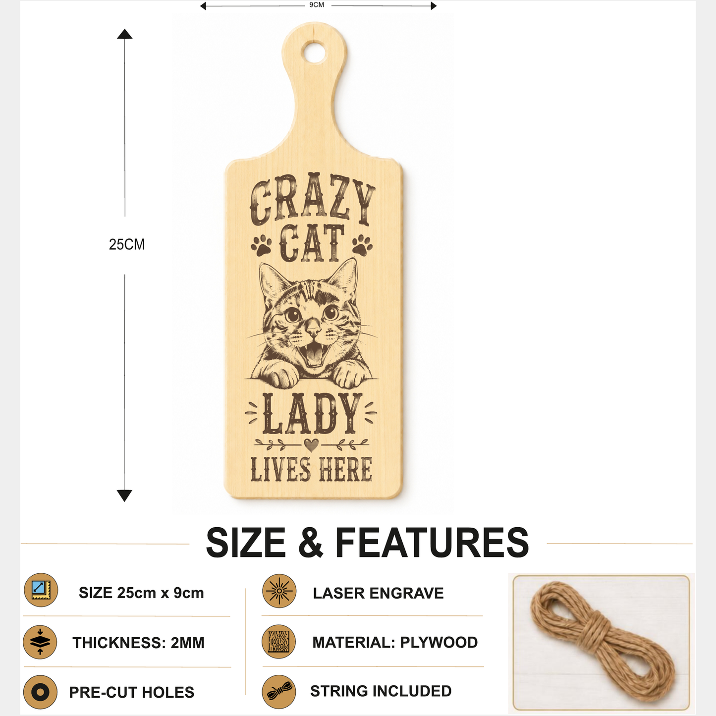 Crazy Cat Lady plaque showing 24 x 9 cm size and product features