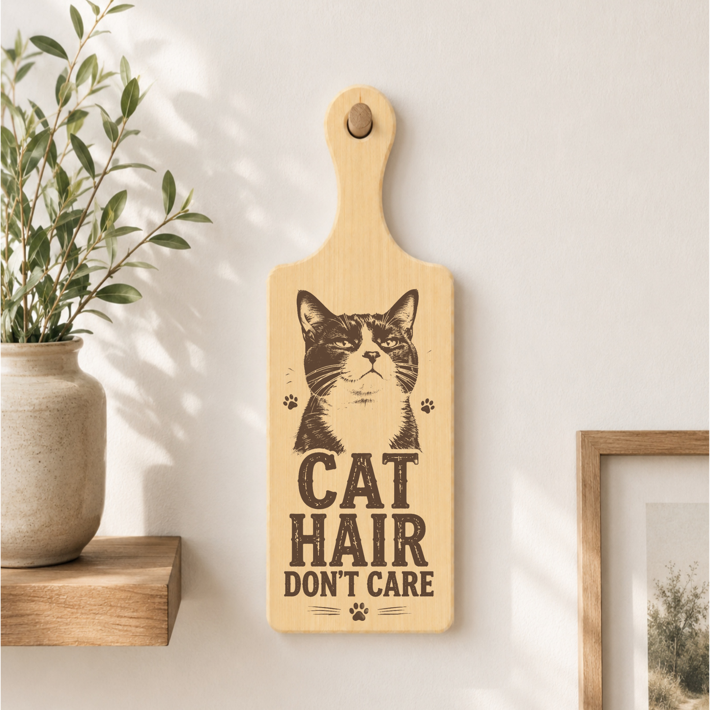 Cat Hair Don't Care wooden plaque displayed in a home setting