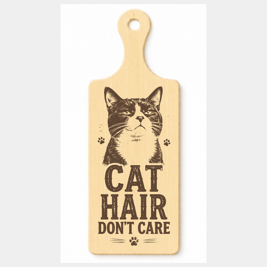 Cat Hair Don't Care wooden paddle plaque on a white background