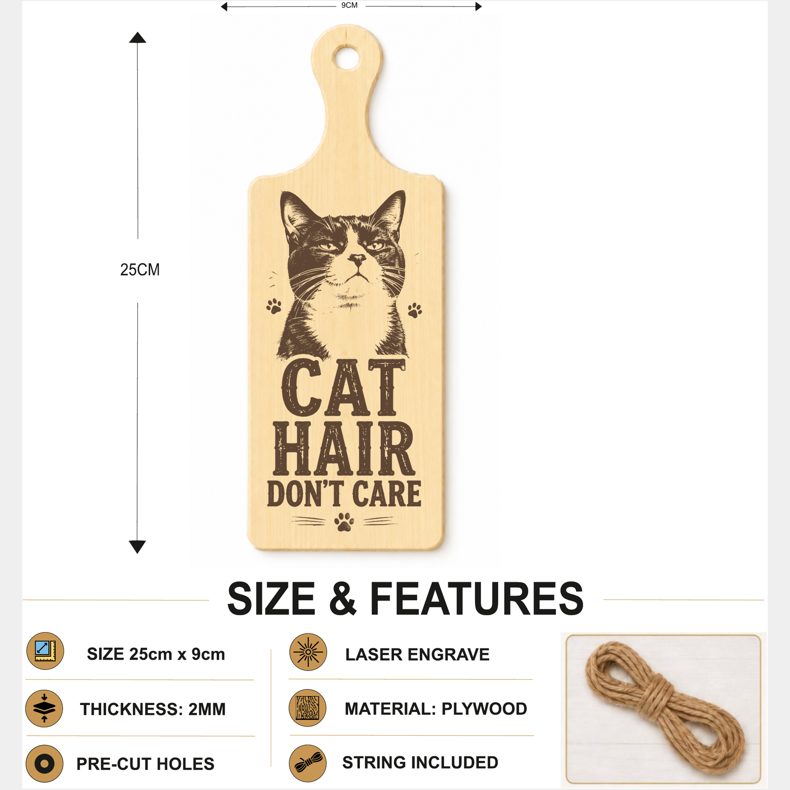 Cat Hair Don't Care plaque showing 24 x 9 cm size and product features