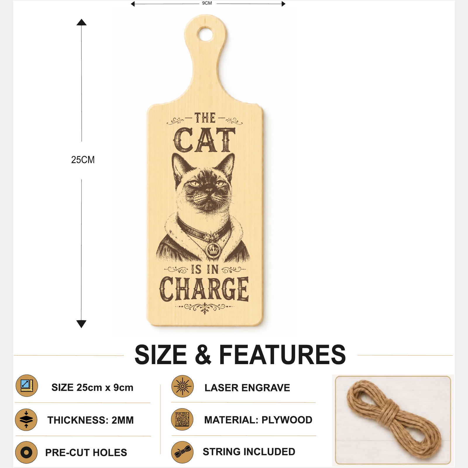 The Cat Is in Charge plaque showing 24 x 9 cm size and product features