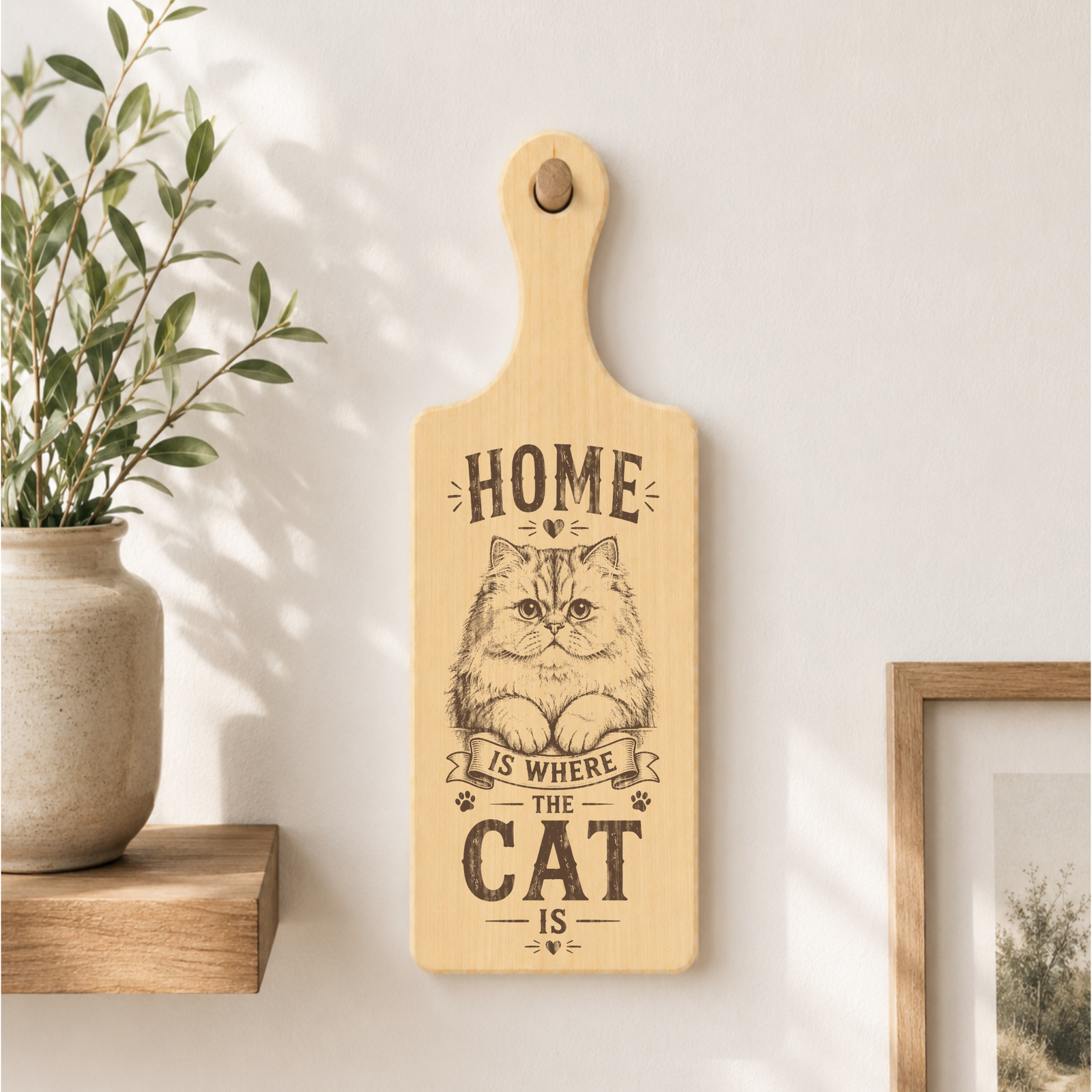Home Is Where the Cat Is plaque displayed in a cat-friendly home setting