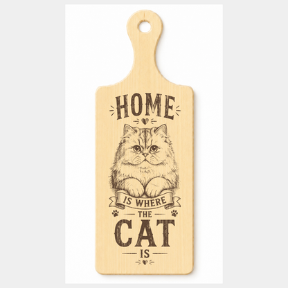 Home Is Where the Cat Is wooden paddle plaque on a white background