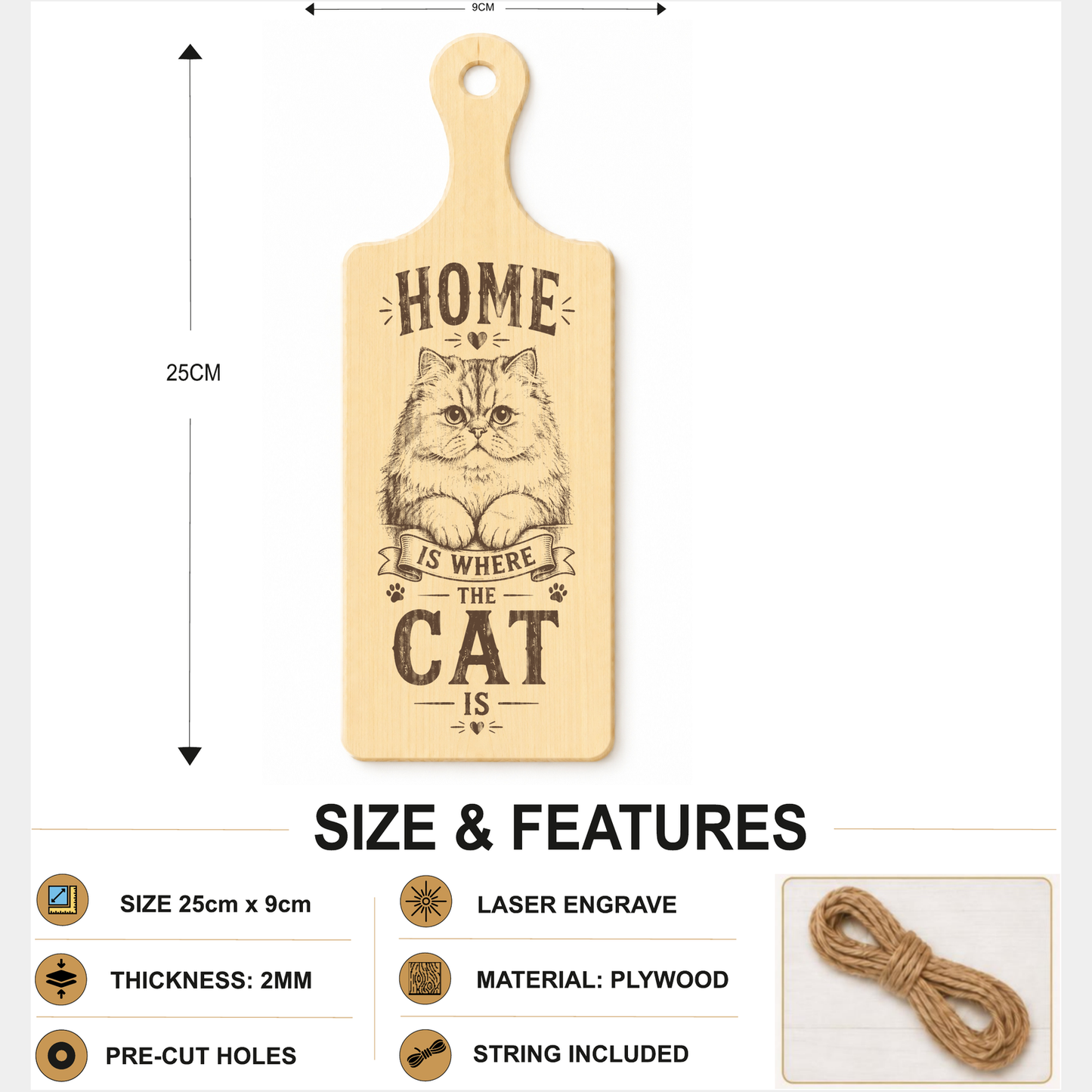 Home Is Where the Cat Is plaque showing 24 x 9 cm size and product features