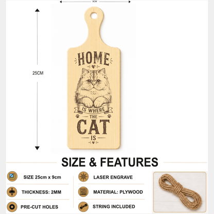 Home Is Where the Cat Is plaque showing 24 x 9 cm size and product features