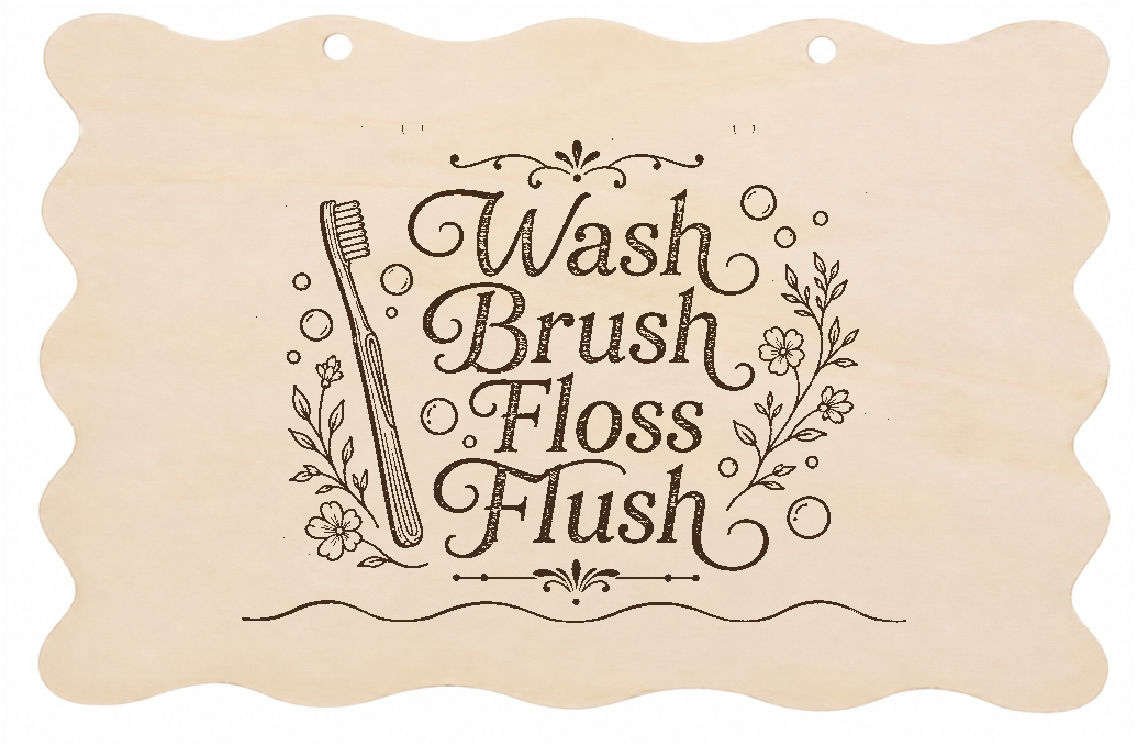 Wash Brush Floss Flush Funny Bathroom Wooden Plaque 20x10cm - laser engraved wooden plaque by South Yorkshire Engraving