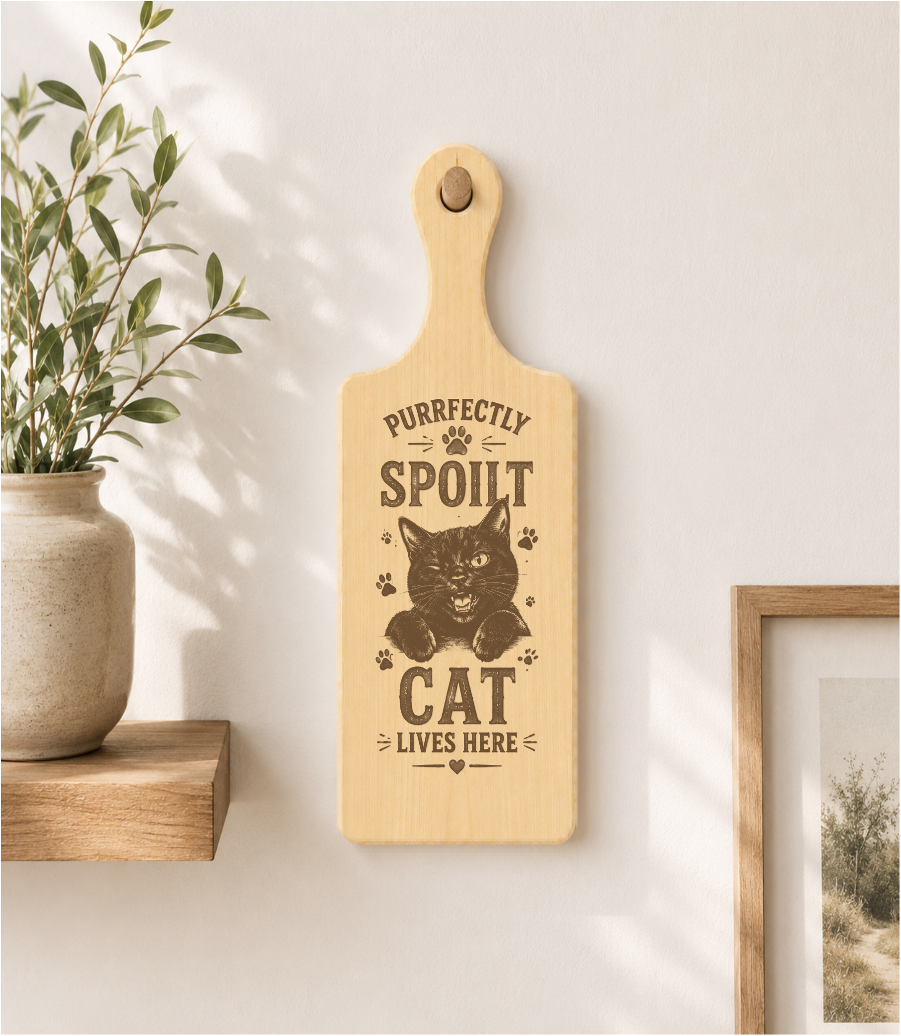 Purrfectly Spoilt Cat Lives Here Funny Cat Paddle Plaque 24x9cm - laser engraved wooden plaque by South Yorkshire Engraving