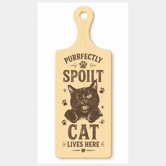 Purrfectly Spoilt Cat Lives Here wooden paddle plaque on a white background