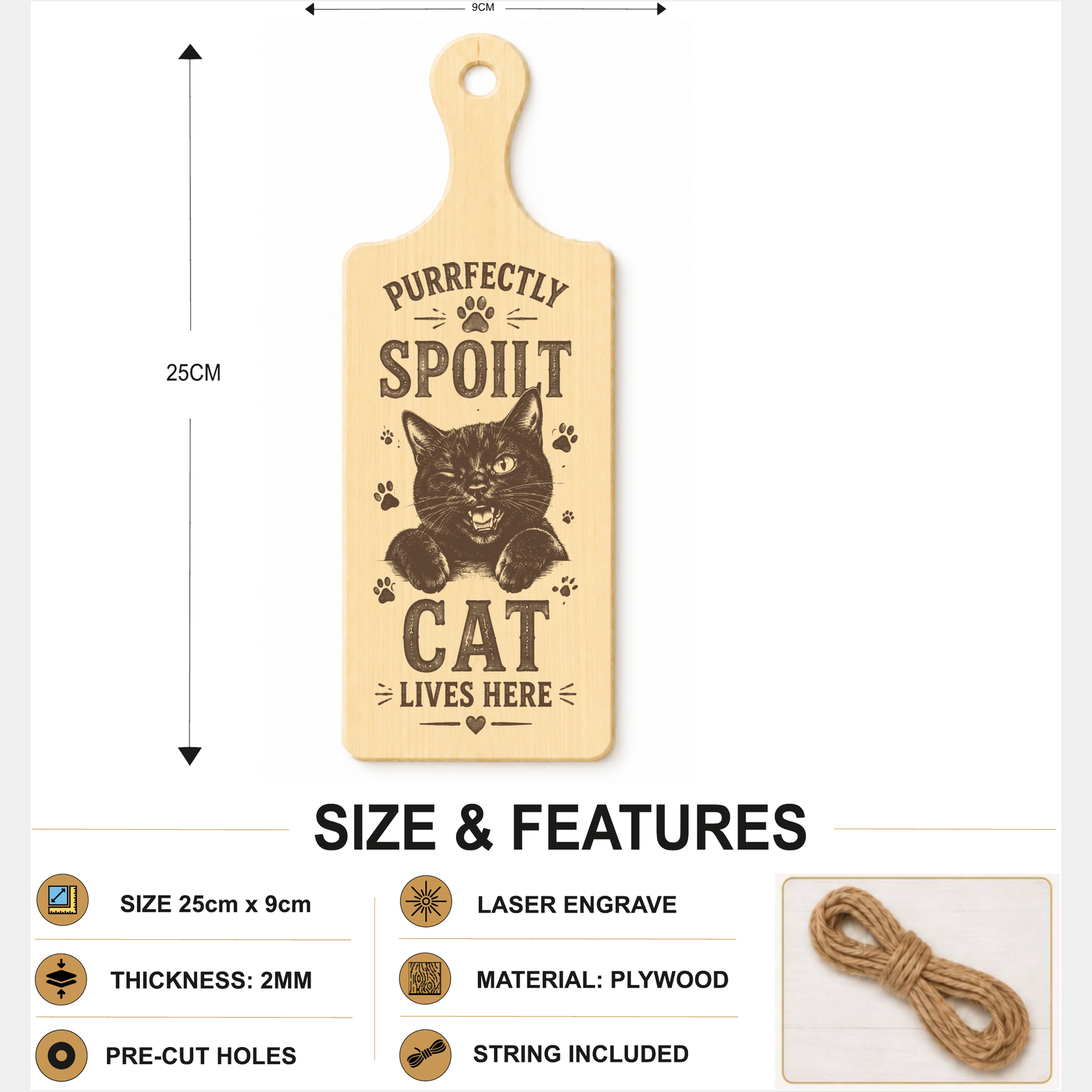 Purrfectly Spoilt Cat Lives Here plaque showing 24 x 9 cm size and product features