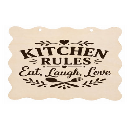 Kitchen Rules Eat Laugh Love scalloped wooden plaque on a white background