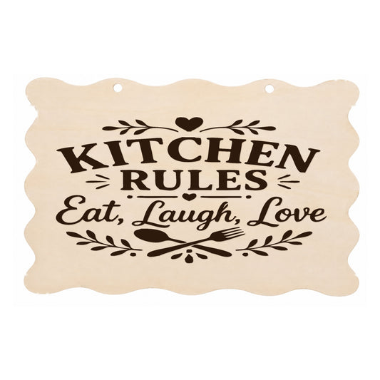 Kitchen Rules Eat Laugh Love scalloped wooden plaque on a white background