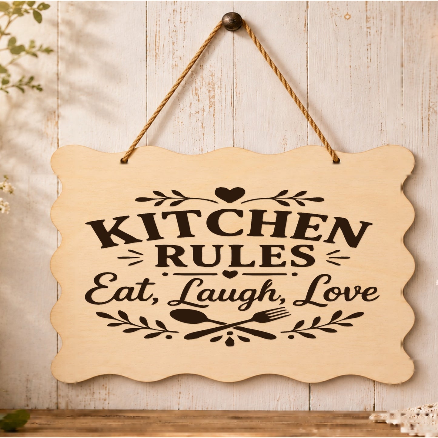 Kitchen Rules Eat Laugh Love plaque displayed in a kitchen setting
