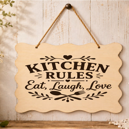 Kitchen Rules Eat Laugh Love plaque displayed in a kitchen setting