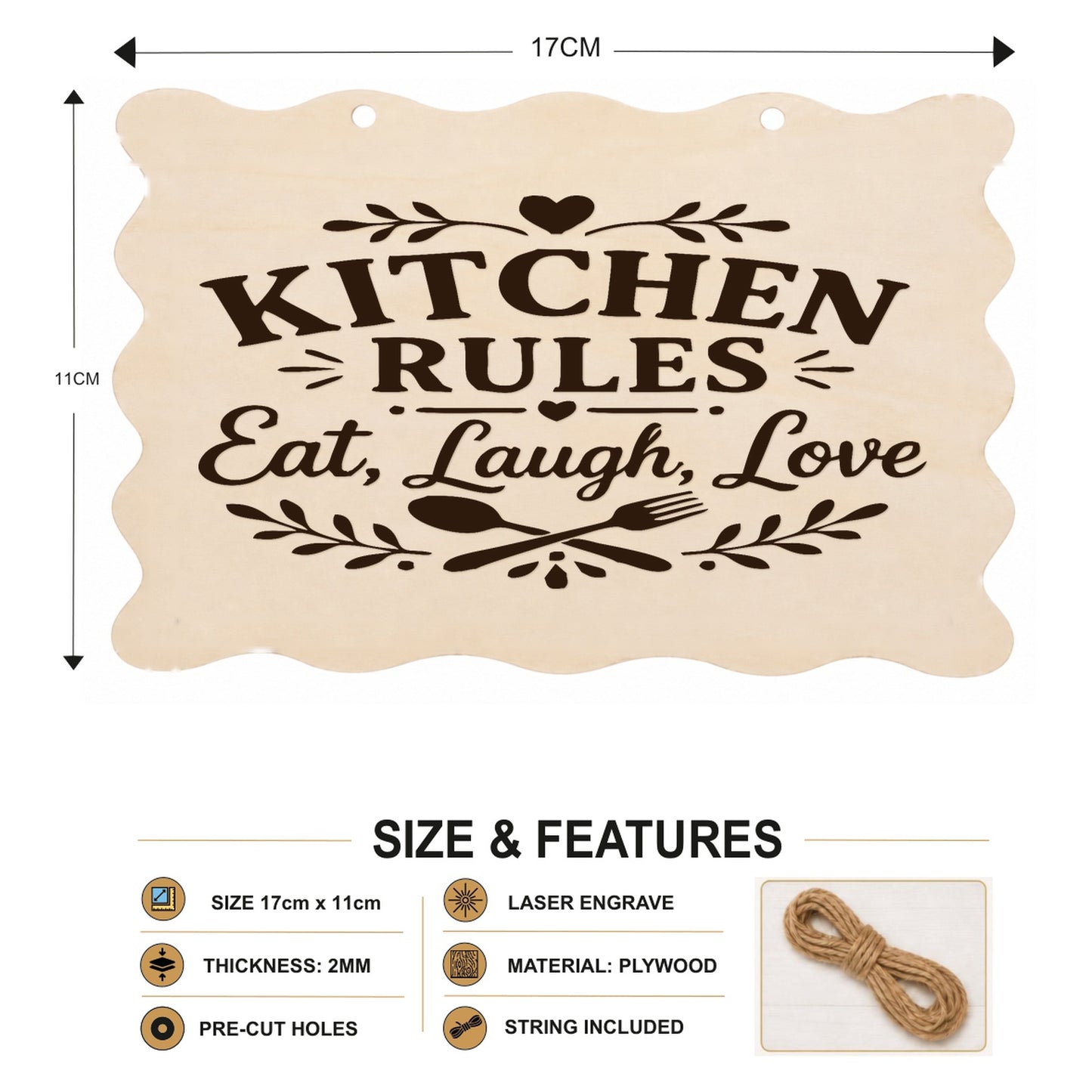 Kitchen Rules Eat Laugh Love plaque showing 20 x 10 cm size and product features