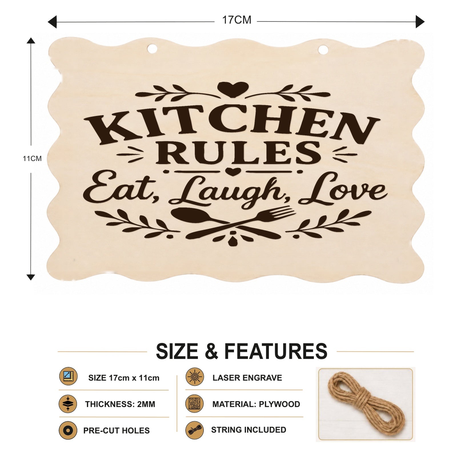 Kitchen Rules Eat Laugh Love plaque showing 20 x 10 cm size and product features