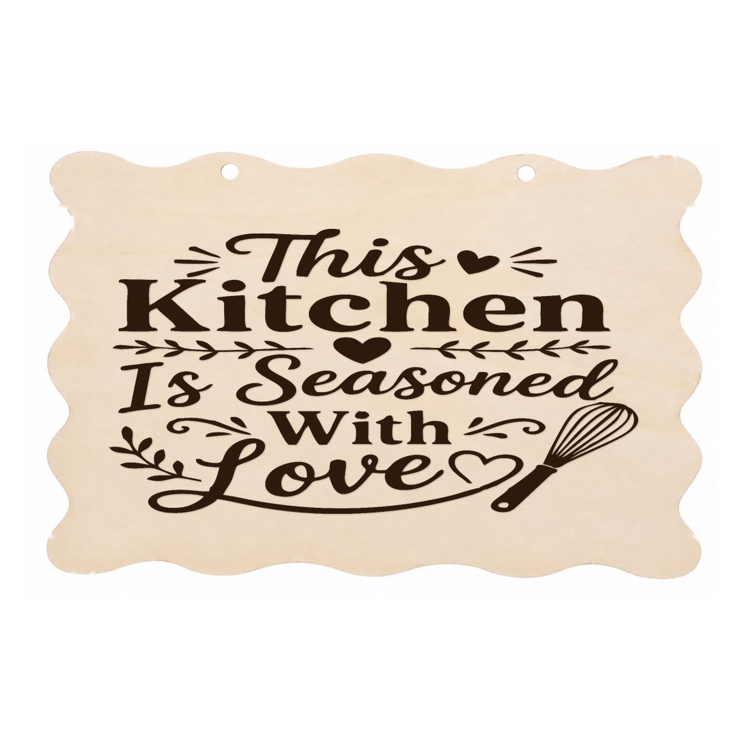 This Kitchen Is Seasoned With Love scalloped wooden plaque on a white background