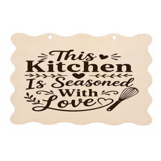 This Kitchen Is Seasoned With Love scalloped wooden plaque on a white background