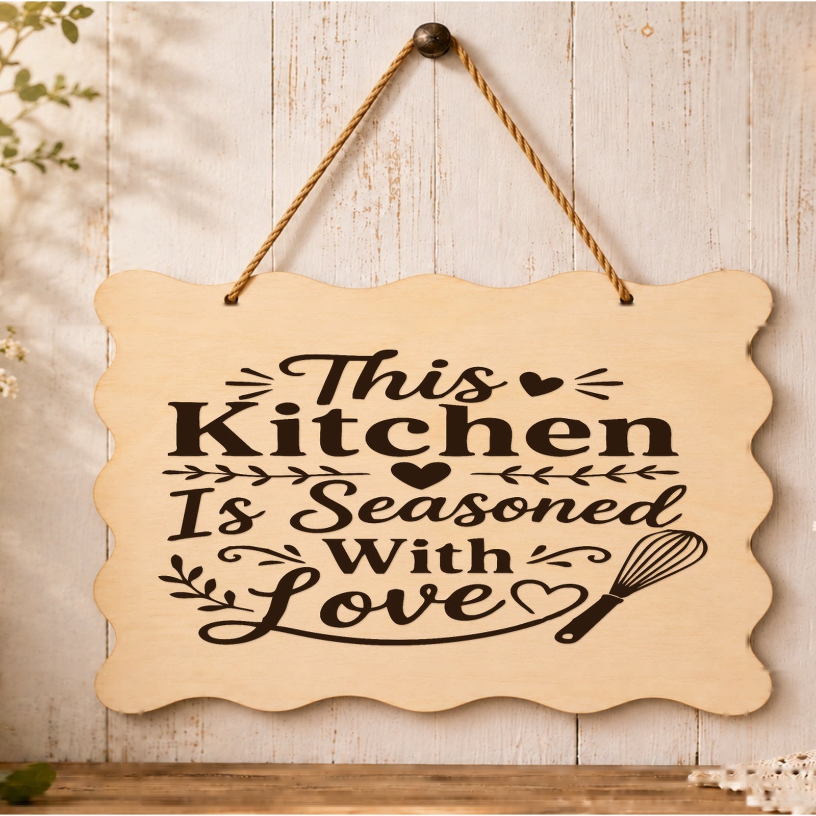 This Kitchen Is Seasoned With Love plaque displayed in a kitchen setting