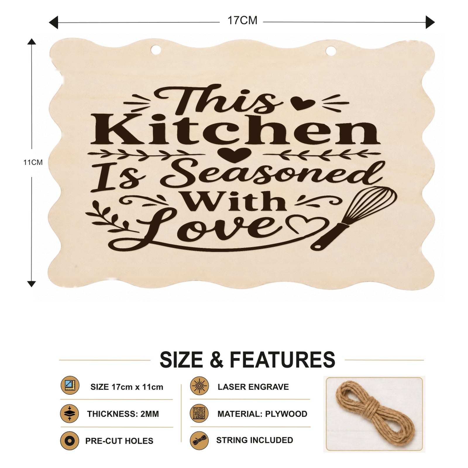 This Kitchen Is Seasoned With Love plaque showing 20 x 10 cm size and product features