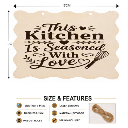 This Kitchen Is Seasoned With Love plaque showing 20 x 10 cm size and product features
