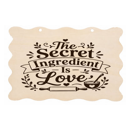 The Secret Ingredient Is Love scalloped kitchen plaque on a white background