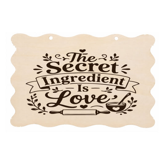 The Secret Ingredient Is Love scalloped kitchen plaque on a white background