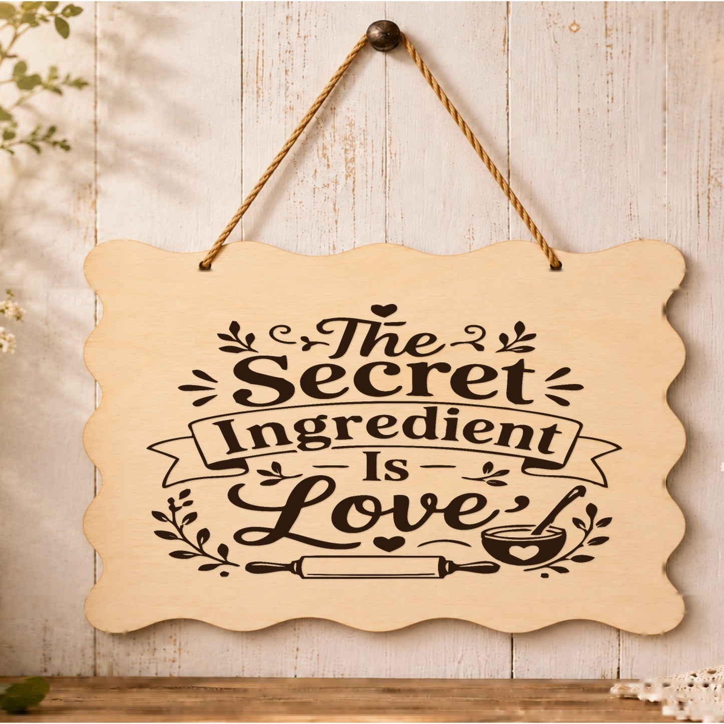 The Secret Ingredient Is Love wooden plaque displayed in a kitchen setting
