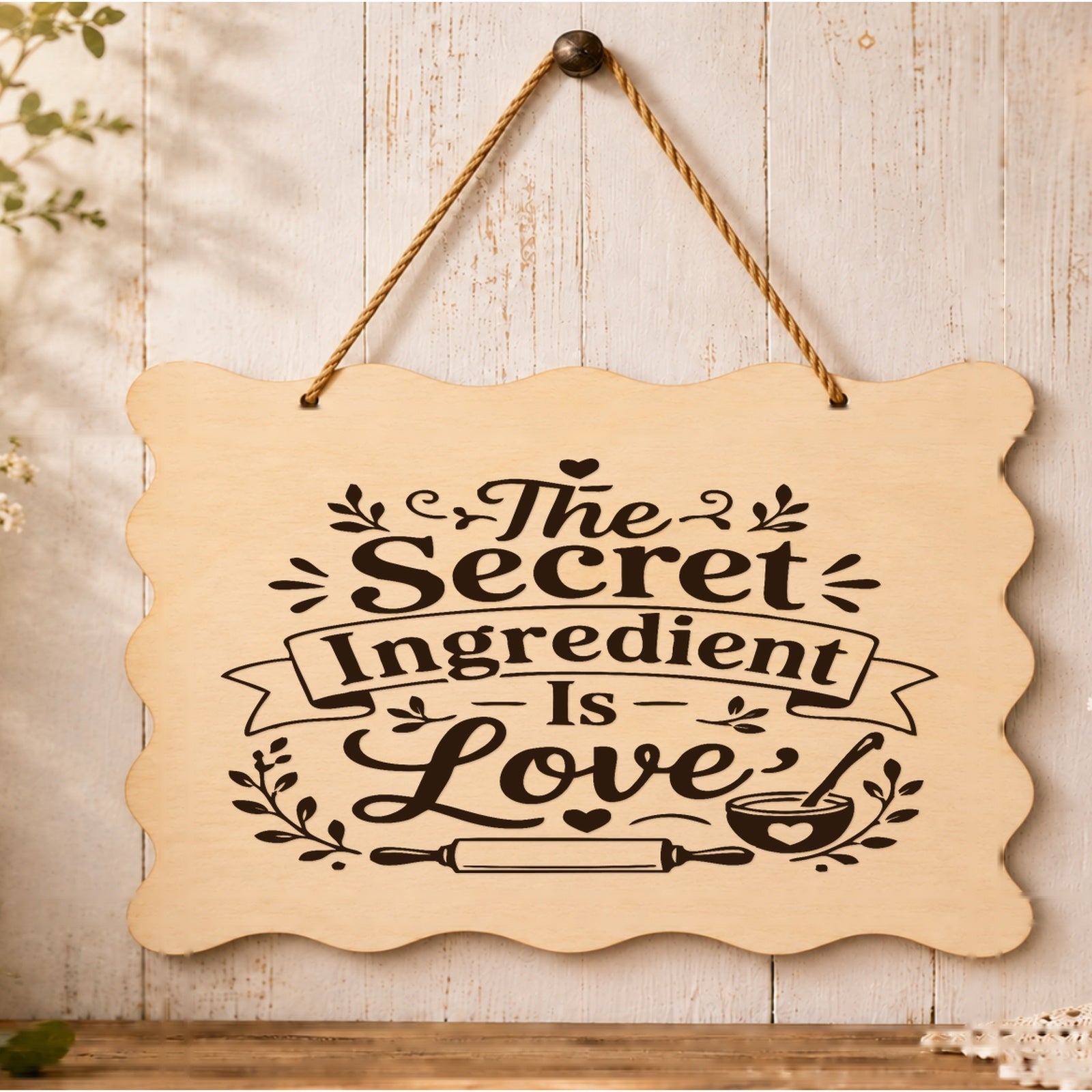 The Secret Ingredient Is Love wooden plaque displayed in a kitchen setting